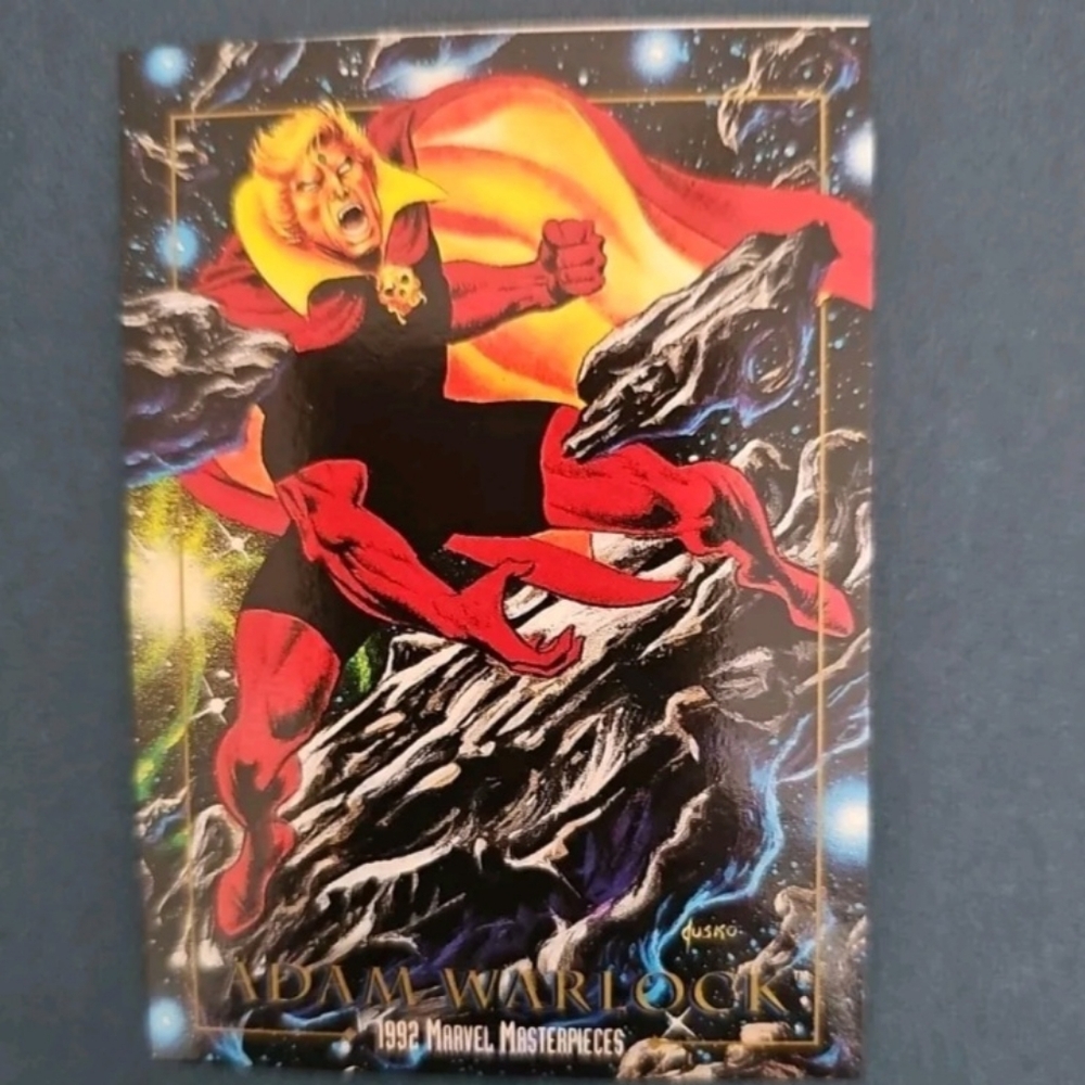 1992 Marvel Masterpiece Adam Warlock error cut on top of card trading card.